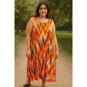 Roaman's Sleeveless Maxi Dress 1X Multicolor Abstract Crinkle Travel Boho Resort